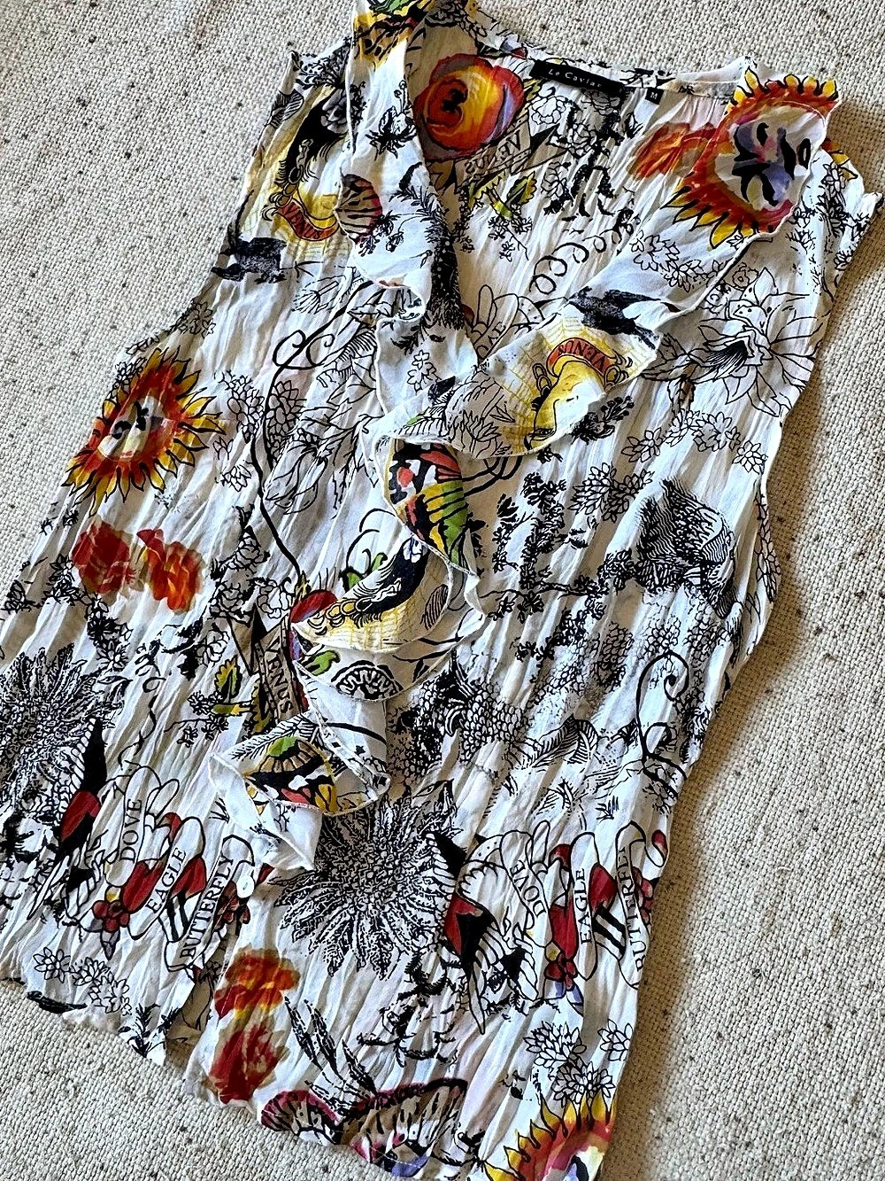 Le Caviar Women’s M Tattoo Floral Ruffle Blouse White Multicolor Y2K Whimsigoth
